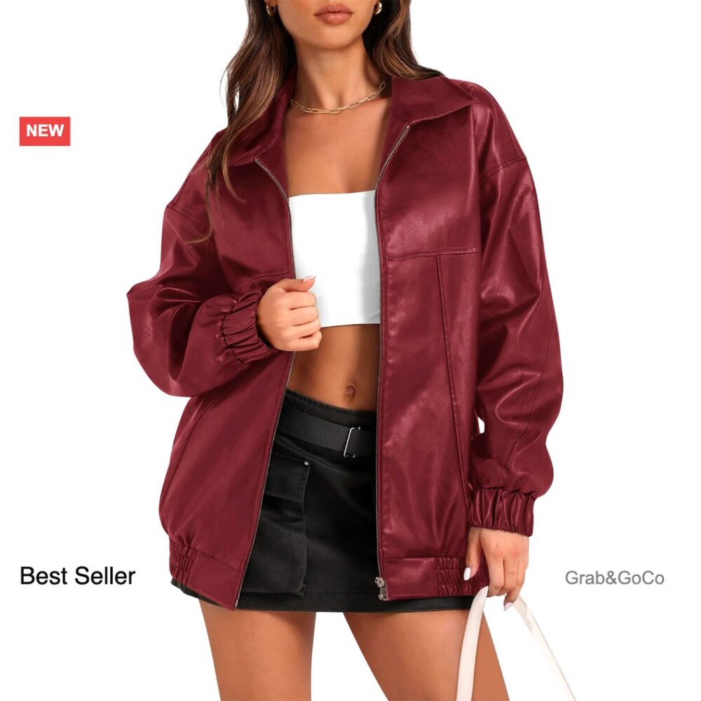 Oversized Faux Leather Bomber Jacket Zip Up Motorcycle Style Trendy Outerwear